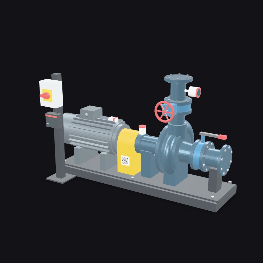 3D model of a water transfer pump fitted with vibration, temperature and pressure sensors for condition monitoring