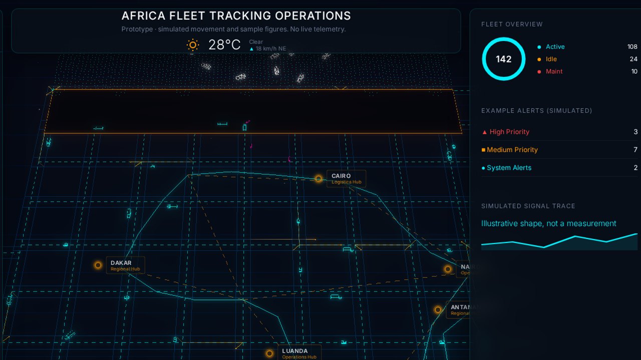 Africa Fleet Operations prototype: a dark operations map with hub markers, routes between cities and a fleet overview panel of simulated counts.