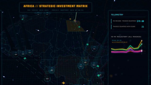Africa Investment Matrix prototype: a dark map of Africa with country markers, investment pillars and a telemetry panel showing a ten-year trajectory chart.
